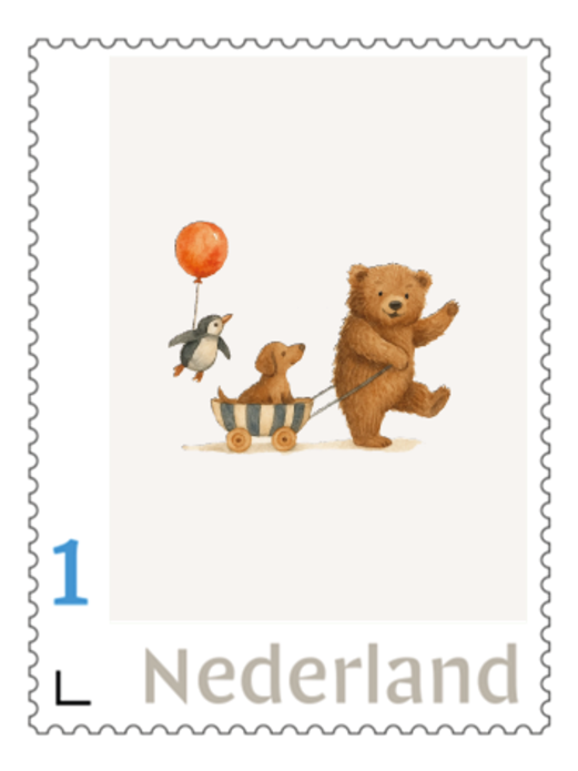 Postzegel bestand beer gans hondje en pinguin