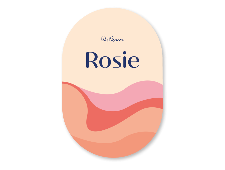 Kleurrijk ovaal geboortekaartje zon golven Rosie