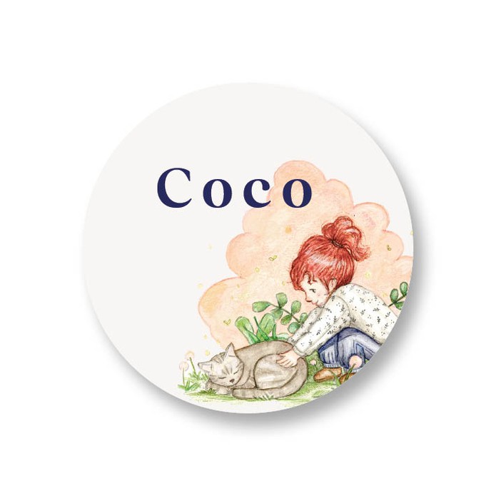 Sticker met handgetekende illustratie van meisje en poes