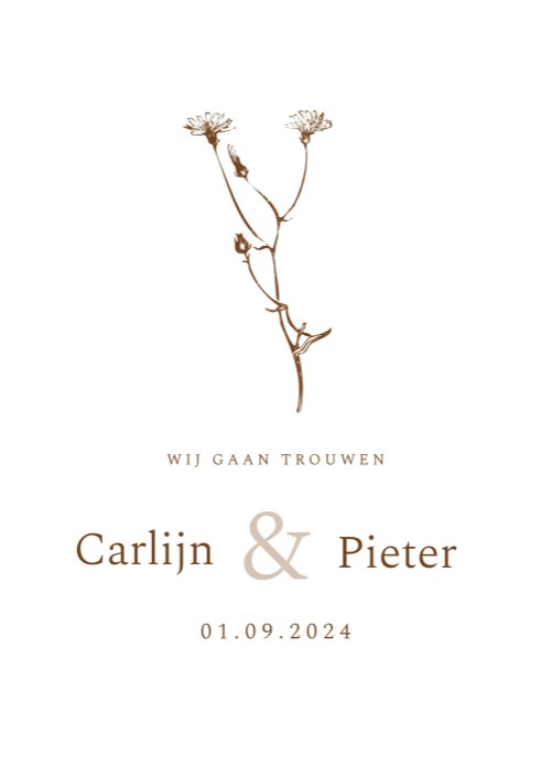 Trouwkaart klassiek met bloem op handgeschept papier