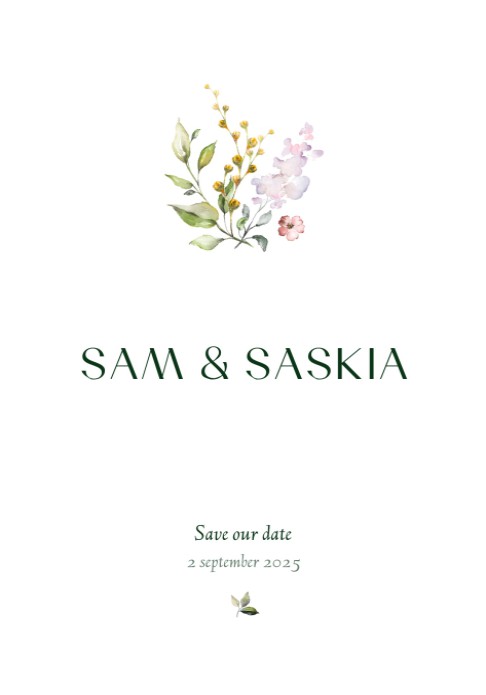 Trouwkaart Sam&amp;Saskia met veldbloemen