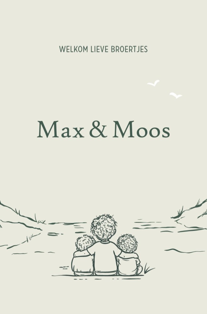 Tweeling geboortekaartje lijntekeningen jongen Max & Moos